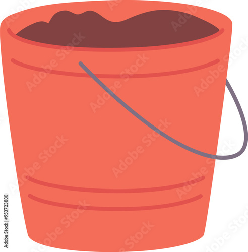 Red bucket full of soil. Agricultural farming equipment