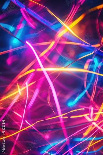 Vibrant digital lights, colorful neon stripes on dark background, futuristic, festive and celebratory theme.