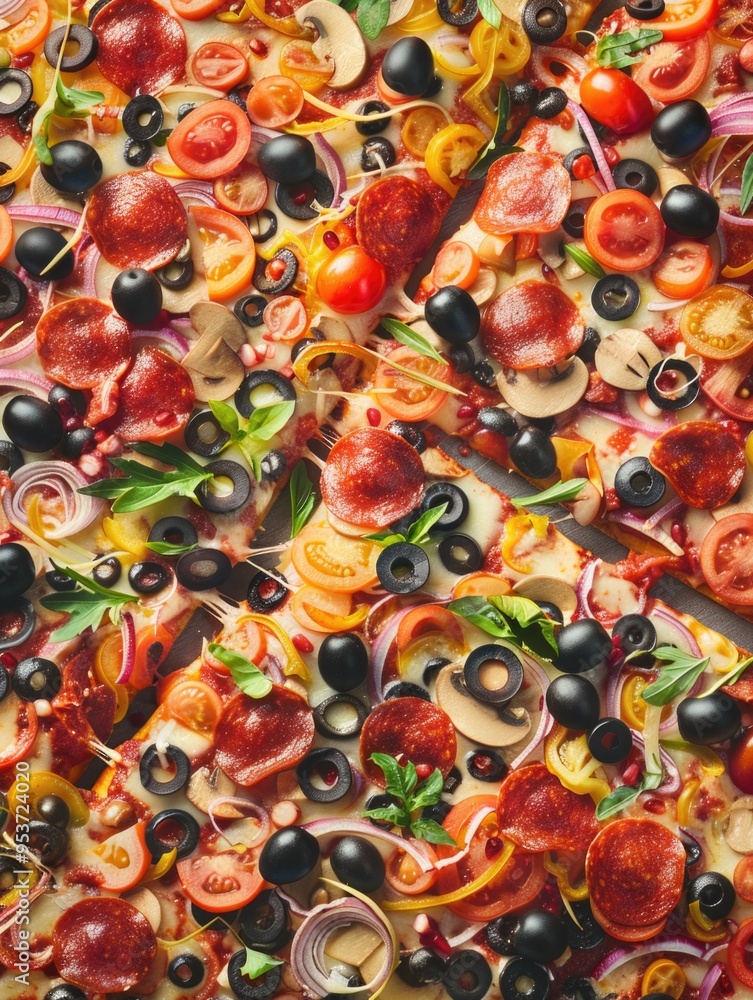 Pizza with a variety of vegetables, topped with pepperoni, olives, tomatoes and herbs. Healthy choice for lunch or dinner. Pizza with a variety of vegetables, topped with pepperoni, olives, tomatoes and herbs. Healthy choice for lunch or dinner.