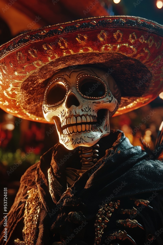 Man with skull mask in colorful attire.