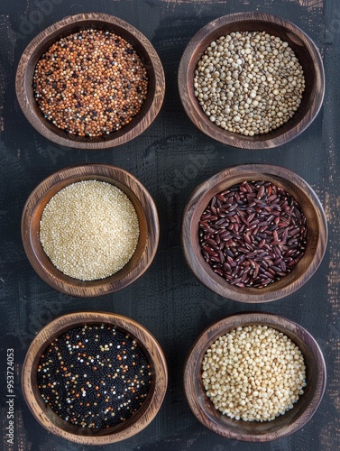 A collection of healthy grains and spices in wooden bowls, ready to be used in cooking.