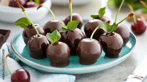 Juicy chocolate-covered cherries rich and decadent photo