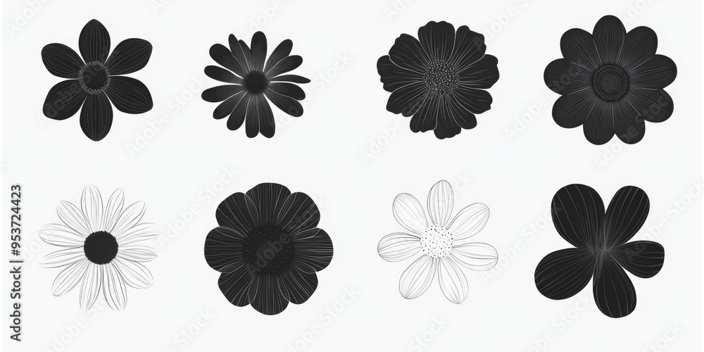 Six distinctive black and white flower patterns, ideal for backgrounds or decorative elements. High-resolution digital art with commercial use license. Six distinctive black and white flower patterns, ideal for backgrounds or decorative elements. High-resolution digital art with commercial use license.