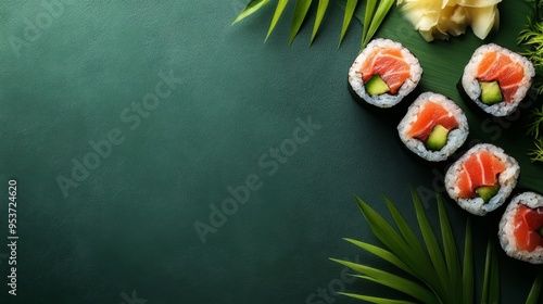 A high-quality AI-generated stock image of a spicy tuna sushi roll with wasabi and pickled ginger on the right side, leaving space on the left for text. Perfect for sushi promotions or food blogs.