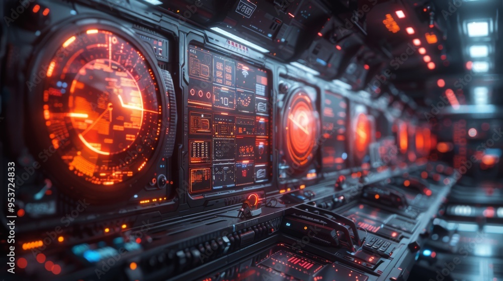 Fototapeta premium Illustrate a futuristic workspace where professionals use VR goggles to collaborate on projects involving AI-generated data and spinning holographic visualizations.