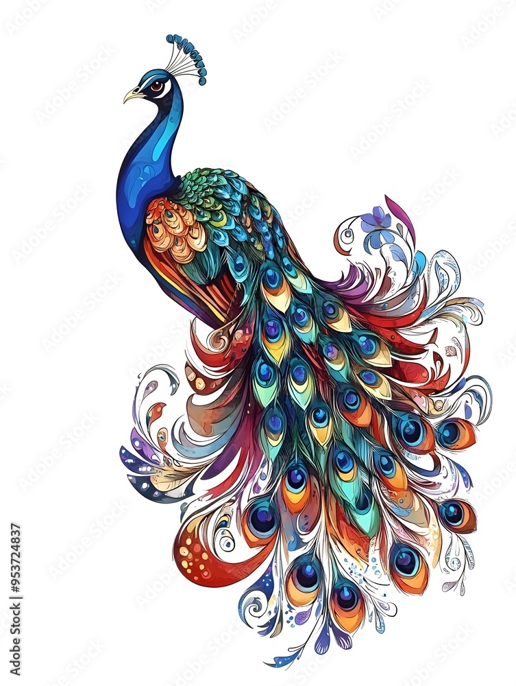 Fototapeta premium Majestic Peacock with Breathtaking Tail Display on White Background