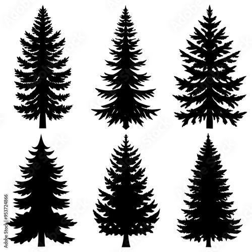 Pine Tree Silhouette Isolated Vector, Christmas trees collection