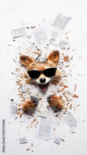 Playful fox wearing sunglasses amidst shredded paper, giving a fun and quirky vibe. Ideal for creative projects or promotional use.