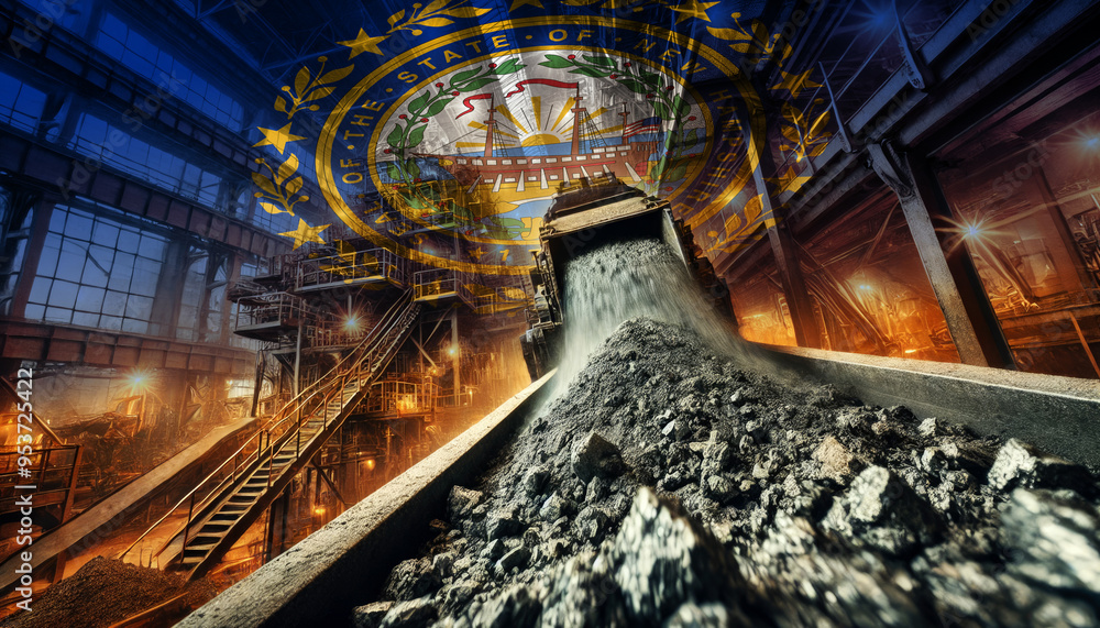 Obraz premium An industrial scene of coal being processed, combined with the New Hampshire flag, highlighting the nation's industrial prowess and the importance of energy production