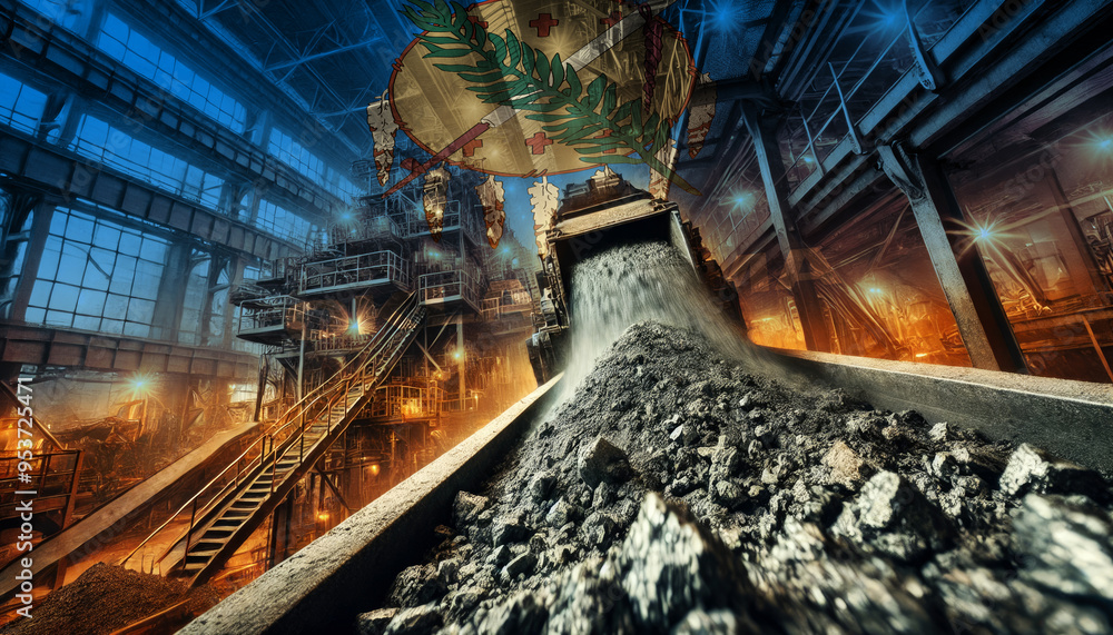 An industrial scene of coal being processed, combined with the Oklahoma flag, highlighting the nation's industrial prowess and the importance of energy production An industrial scene of coal being processed, combined with the Oklahoma flag, highlighting the nation's industrial prowess and the importance of energy production