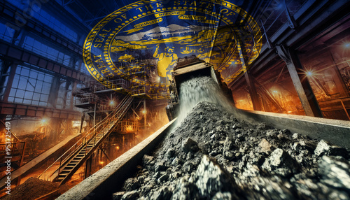 An industrial scene of coal being processed, combined with the Nebraska flag, highlighting the nation's industrial prowess and the importance of energy production photo