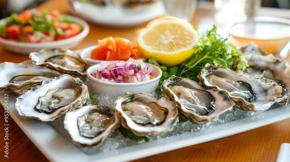 Juicy fresh oysters on the half shell served with a squeeze of lemon Juicy fresh oysters on the half shell served with a squeeze of lemon