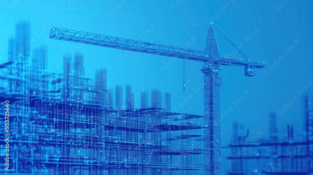 Futuristic construction site with AIdriven planning, Scifi, Blue tones, Digital art, Holographic blueprints Futuristic construction site with AIdriven planning, Scifi, Blue tones, Digital art, Holographic blueprints