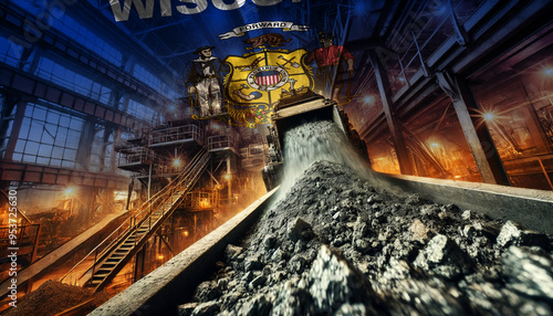 An industrial scene of coal being processed, combined with the Wisconsin flag, highlighting the nation's industrial prowess and the importance of energy production