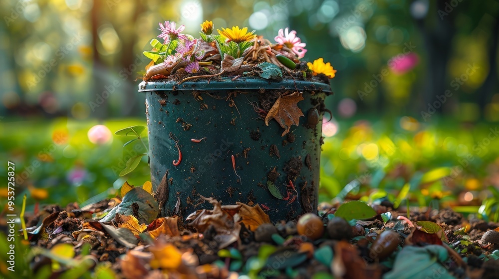 Illustrate a person composting food scraps in their backyard, with Illustrate a person composting food scraps in their backyard, with