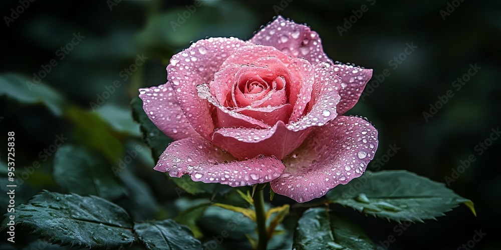 Pink rose with dew drops on petals. Pink rose with dew drops on petals.