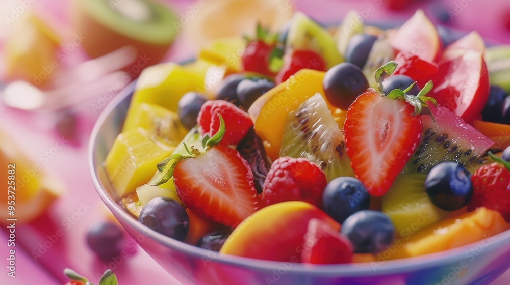 Fresh vibrant fruit salad with blueberries, strawberries, melon and oranges on a colorful plate. Fresh vibrant fruit salad with blueberries, strawberries, melon and oranges on a colorful plate.