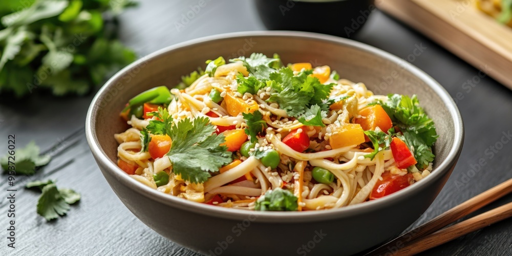 Colorful pasta salad with chili, peppers and cilantro garnish Colorful pasta salad with chili, peppers and cilantro garnish
