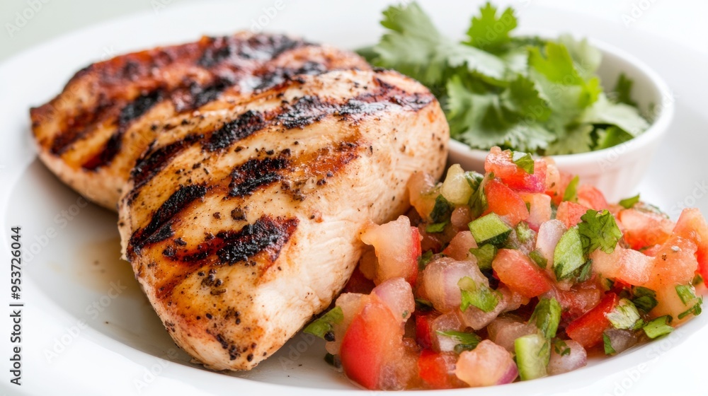 Juicy grilled chicken breast with a side of fresh salsa light and healthy Juicy grilled chicken breast with a side of fresh salsa light and healthy