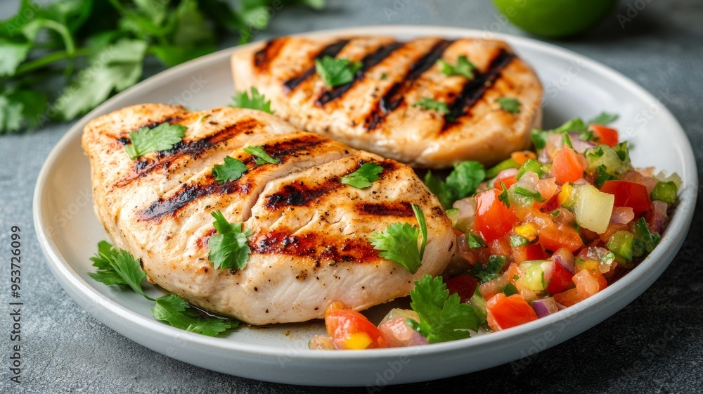 Juicy grilled chicken breast with a side of fresh salsa light and healthy Juicy grilled chicken breast with a side of fresh salsa light and healthy