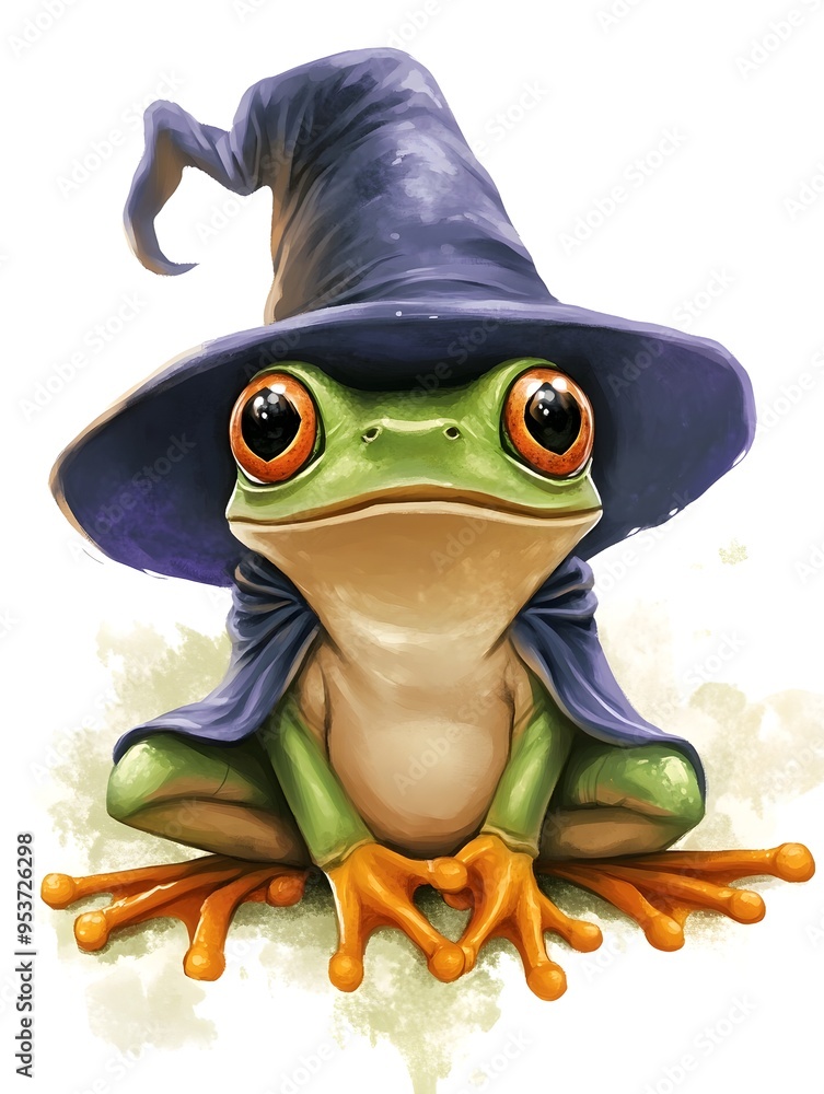 Obraz premium Adorable Frog in Wizard Hat on Magical White Background