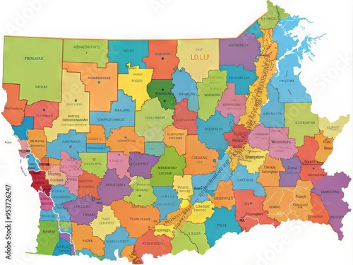 A colorful, detailed map of Washington state highlighting 39 counties, including King, Pierce, and Spokane, with photo