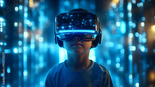 A young boy wearing VR head...