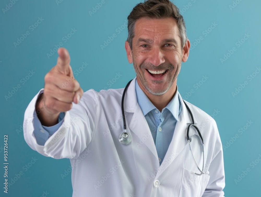 Happy physician pointing with satisfaction. Medical professional posing confidently. Happy physician pointing with satisfaction. Medical professional posing confidently.