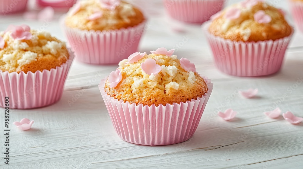 Close-up of pink and white cupcakes with pink sugar sprinkles on a white wooden table. Close-up of pink and white cupcakes with pink sugar sprinkles on a white wooden table.
