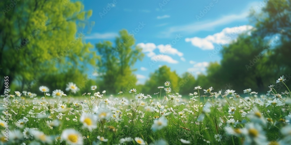 Fototapeta premium A bright and sunny day in a garden with many blooming flowers.