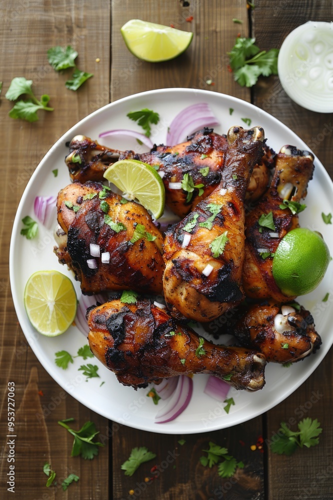 A delicious and appealing grilled chicken dish, accompanied by fresh lime wedges and sliced red onions for garnish. This meal is a popular choice in tropical Latin American cuisine. A delicious and appealing grilled chicken dish, accompanied by fresh lime wedges and sliced red onions for garnish. This meal is a popular choice in tropical Latin American cuisine.