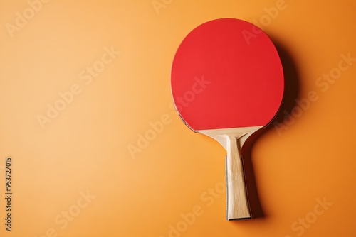 Red ping pong paddle with wooden handle on orange background. photo