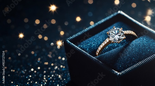 A high-quality AI-generated stock image of a sparkling diamond ring in a box on the right side, leaving space on the left for text. Ideal for jewelry ads or engagement promotions.