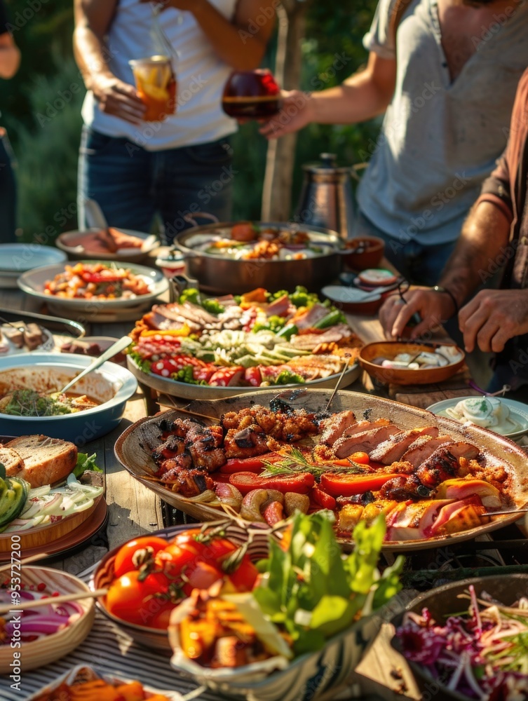 Social gathering of friends and family enjoying outdoor barbecue with fresh vegetables, salads, and meat options in a natural setting. Social gathering of friends and family enjoying outdoor barbecue with fresh vegetables, salads, and meat options in a natural setting.
