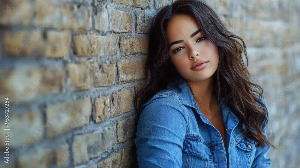 Young woman with long brown hair and denim jacket leaning against a brick wall, looking thoughtful and serene. Young woman with long brown hair and denim jacket leaning against a brick wall, looking thoughtful and serene.