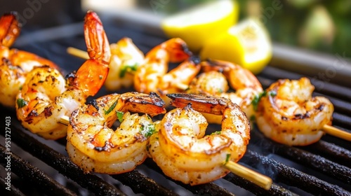 Juicy grilled shrimp skewers with a squeeze of lemon glistening with marinade photo