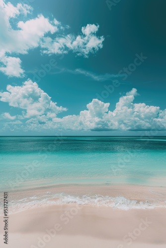 Calm ocean waves, sandy beach with clouds reflecting in water.