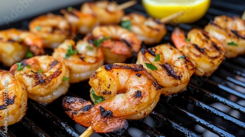 Juicy grilled shrimp skewers with a squeeze of lemon glistening with marinade photo