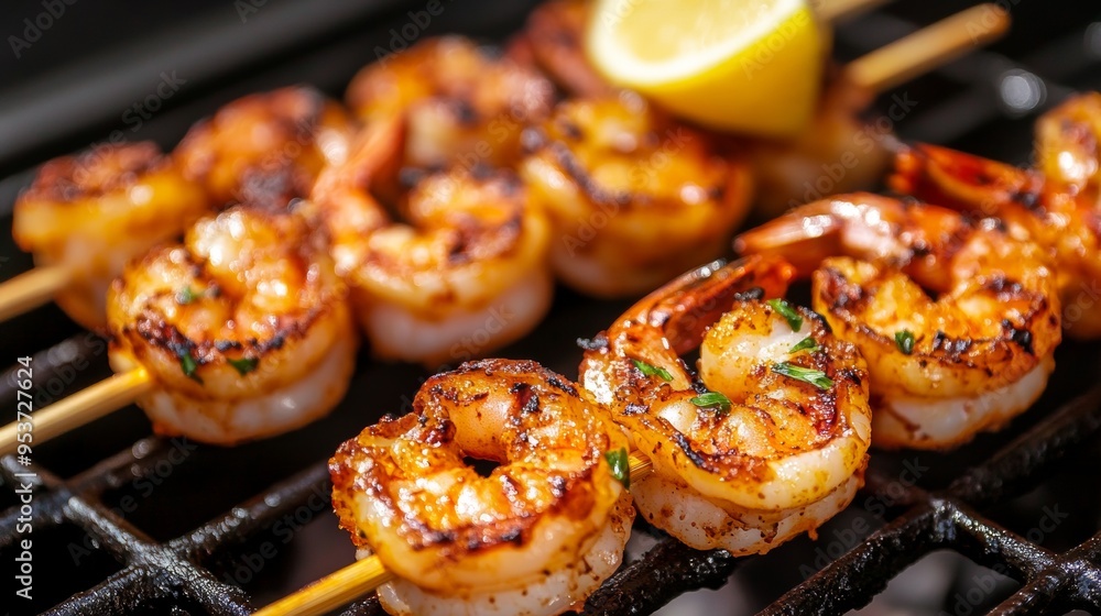 Juicy grilled shrimp skewers with a squeeze of lemon glistening with marinade