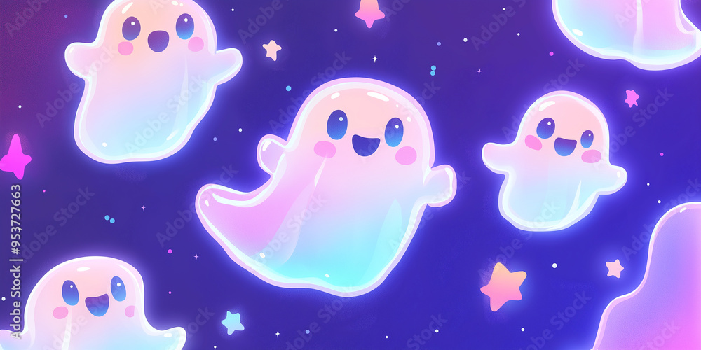 Cute flying ghost in a starry night background, halloween 3d art Cute flying ghost in a starry night background, halloween 3d art