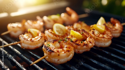 Juicy grilled shrimp skewers with a squeeze of lemon glistening with marinade photo