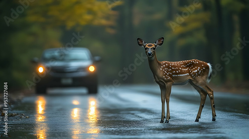 A young deer stands in the ...