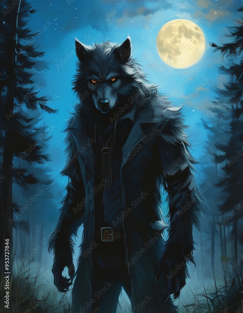 a werewolf in the forest at night with the moon a werewolf in the forest at night with the moon