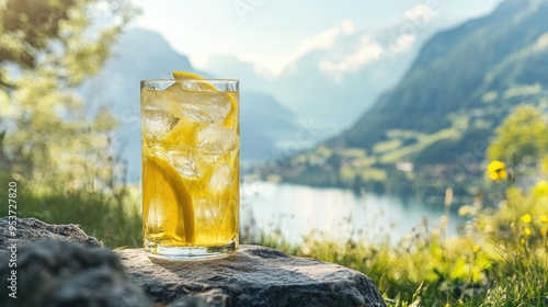 A tall glass of refreshing Austrian Almdudler with ice and lemon, served outdoors in a scenic setting. photo