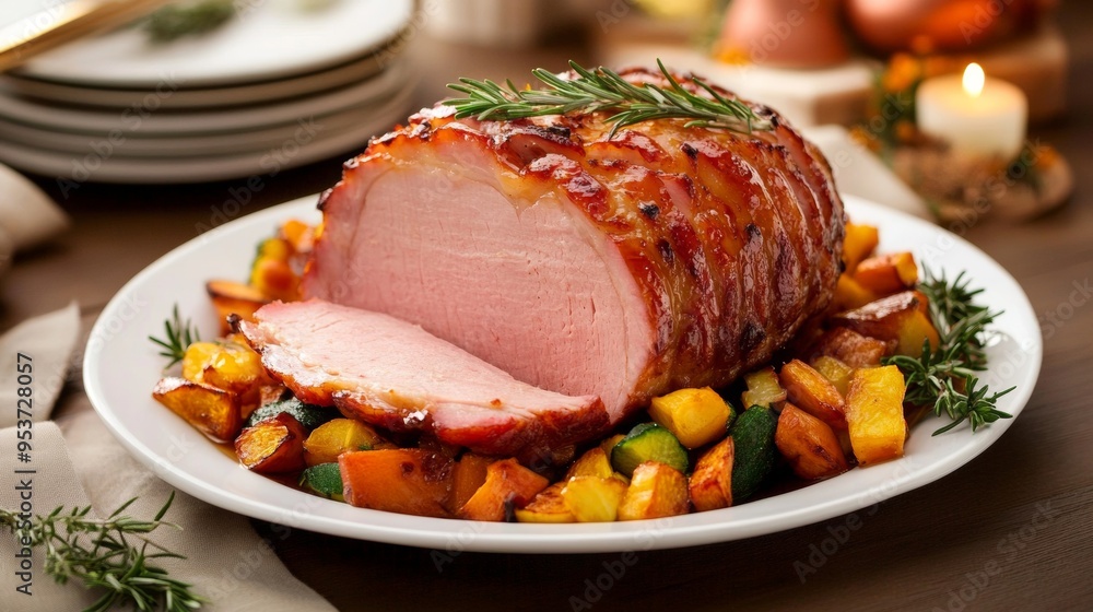 Juicy honey-glazed ham with caramelized edges served with roasted vegetables Juicy honey-glazed ham with caramelized edges served with roasted vegetables