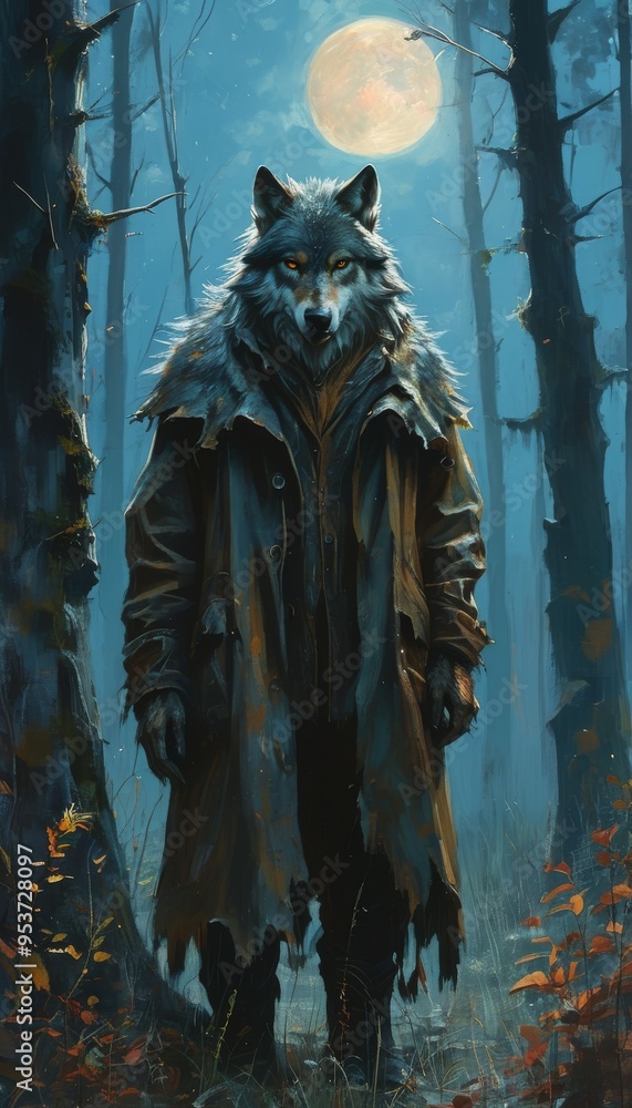 a werewolf in the forest at night with the moon a werewolf in the forest at night with the moon