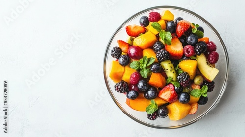 A vibrant fruit salad in a glass bowl on a white table, with plenty of copy space around.