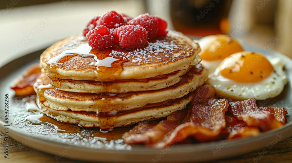 Fluffy American pancakes stacked and drizzled with rich maple syrup served with melting butter. Fluffy American pancakes stacked and drizzled with rich maple syrup served with melting butter.