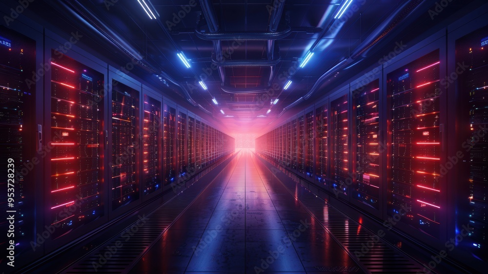 Futuristic server room with glowing lights and long corridors, symbolizing advanced technology and network connectivity. Futuristic server room with glowing lights and long corridors, symbolizing advanced technology and network connectivity.