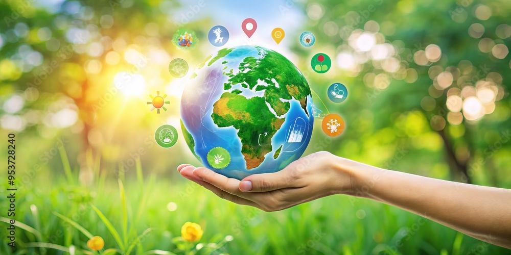 A colorful illustration of a hand holding a globe surrounded by icons of environmental and social issues, symbolizing